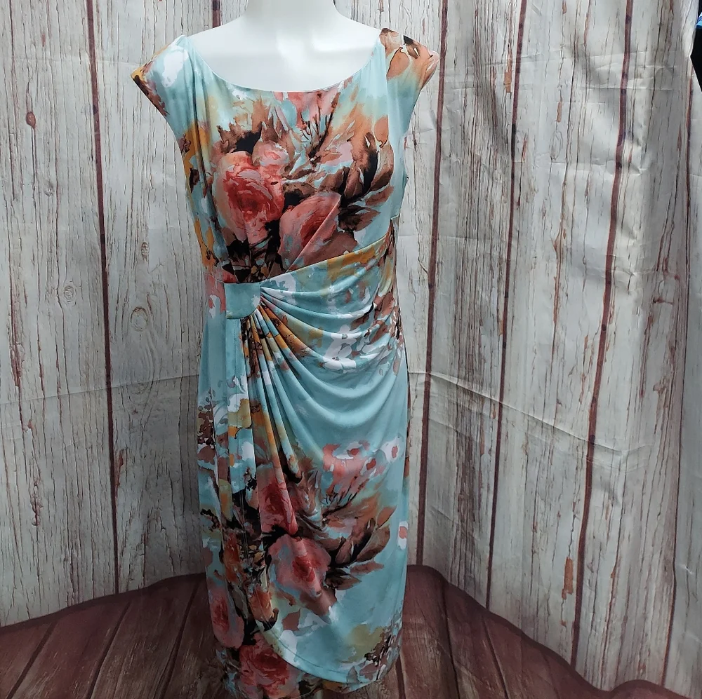 Connected Apparel Floral Print Ruched Wrap Look Midi Dress - Picture 8 of 14